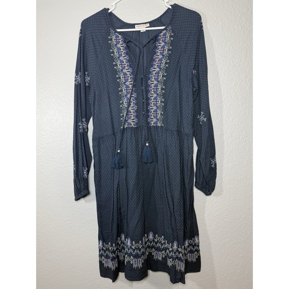 Knox Rose Navy Embroidered Tassel Tie Boho Midi Dress V-Neck Long Sleeve S